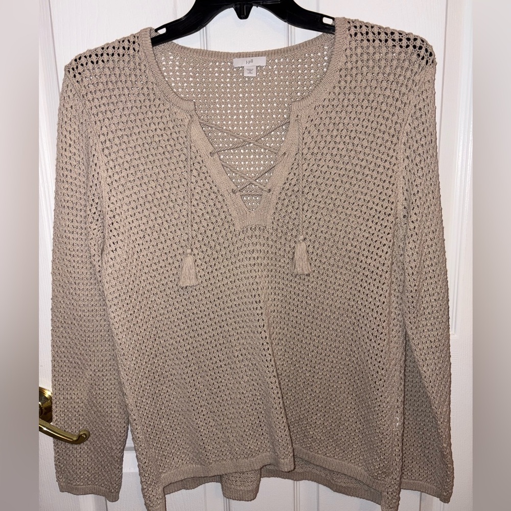 J. Jill Tan Knit Sweater with Lace-Up Design size PM